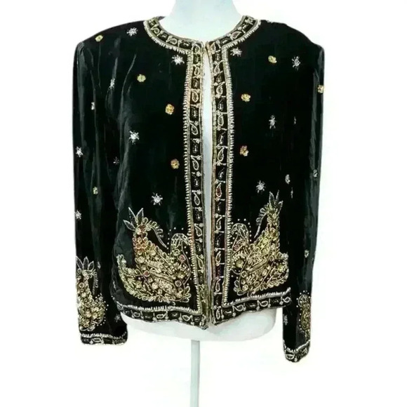 LESLIE FAY Black Velvet Evening Jacket with exquisite Beading and jewels  Size S - Picture 8 of 16